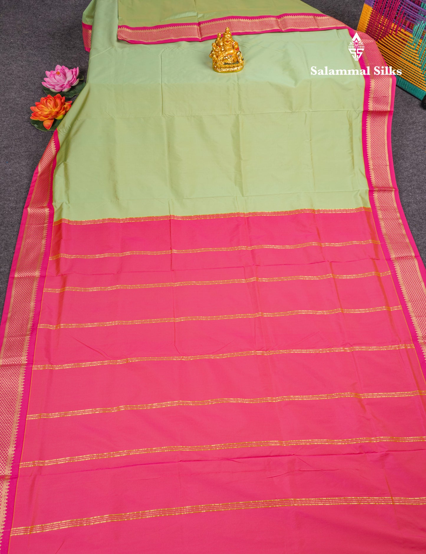 9 Yards Semi Silk Saree Pista Green with Contrast Pink Border