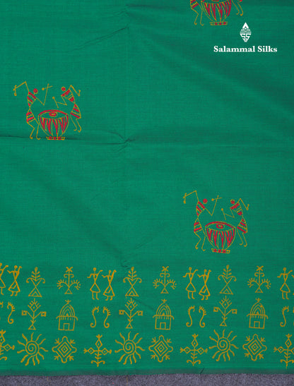 Saffire Green South Cotton Printed Saree With Contrast Mustard Yellow Blouse