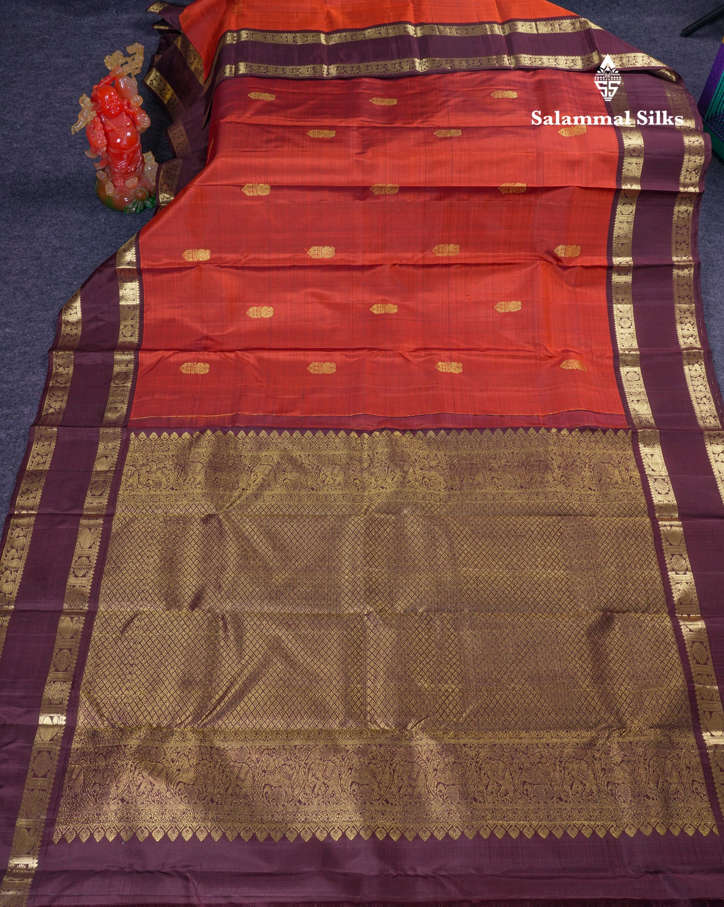 Beautiful Rust Orange Pure Kanjivaram Silk Saree With Contrast Dark Brown Traditional Gap Border
