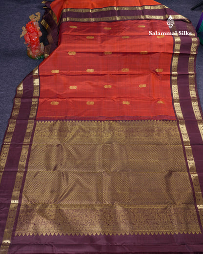 Beautiful Rust Orange Pure Kanjivaram Silk Saree With Contrast Dark Brown Traditional Gap Border