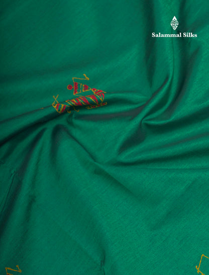 Saffire Green South Cotton Printed Saree With Contrast Mustard Yellow Blouse