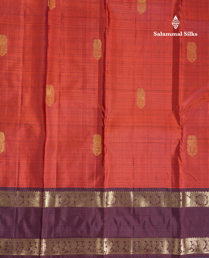 Beautiful Rust Orange Pure Kanjivaram Silk Saree With Contrast Dark Brown Traditional Gap Border