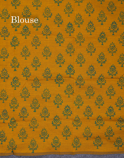 Saffire Green South Cotton Printed Saree With Contrast Mustard Yellow Blouse