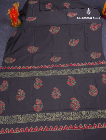 Black South Cotton Printed Saree With Contrast Grey Blouse