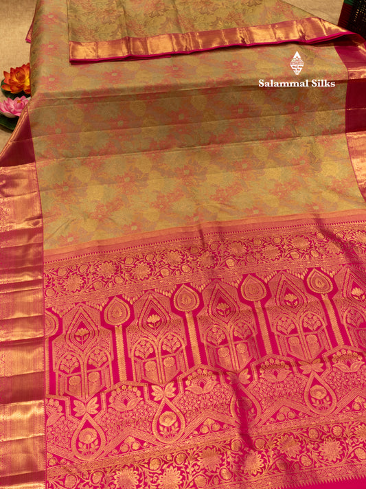 Multicolour Pure Kanjivaram Silk Saree with Pink Border