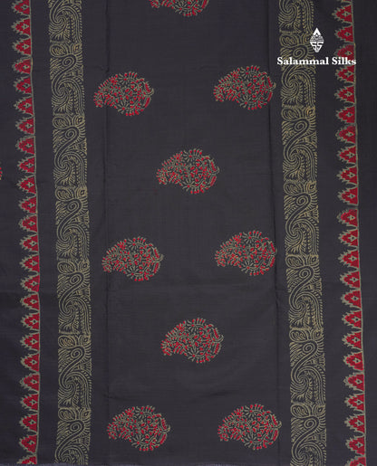Black South Cotton Printed Saree With Contrast Grey Blouse
