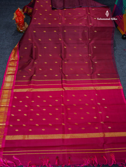One Side Border Pure Silk Saree - Dark Maroon Small Zari Butta With Contrast Rani Pink Traditional Border