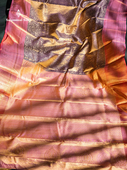 Beautiful Light Violet Tissue Bridal Pure Kanjivaram Silk Saree With Contrast Peach Traditional Border