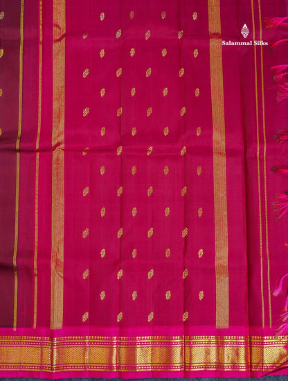 One Side Border Pure Silk Saree - Dark Maroon Colour Body Small Zari Butta With Contrast Rani Pink Traditional Border