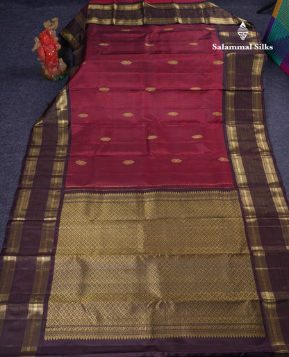 Beautiful Dark Maroon Pure Kanjivaram Silk Saree With Contrast Dark Brown Traditional Border
