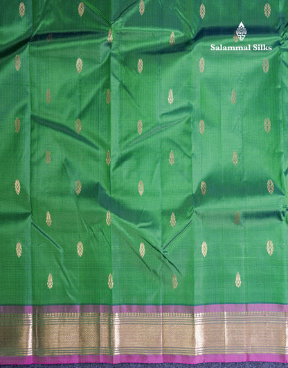 Dual Tone Green Pure Kanjivaram Silk Saree With Contrast Purple One Side Border