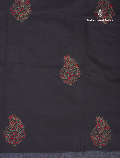 Black South Cotton Printed Saree With Contrast Grey Blouse