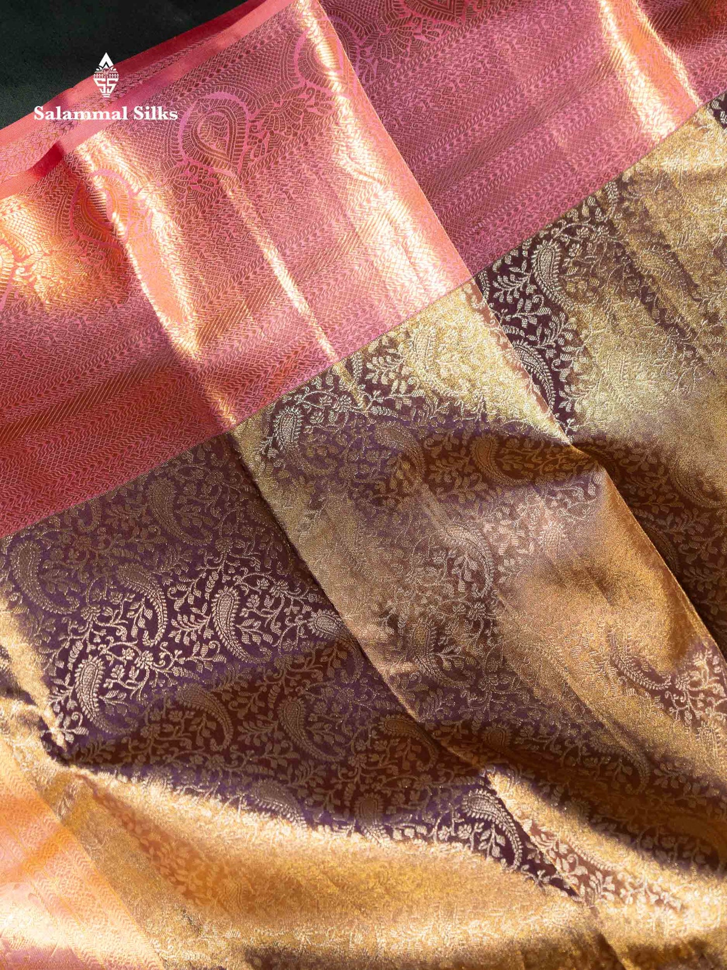 Beautiful Light Violet Tissue Bridal Pure Kanjivaram Silk Saree With Contrast Peach Traditional Border