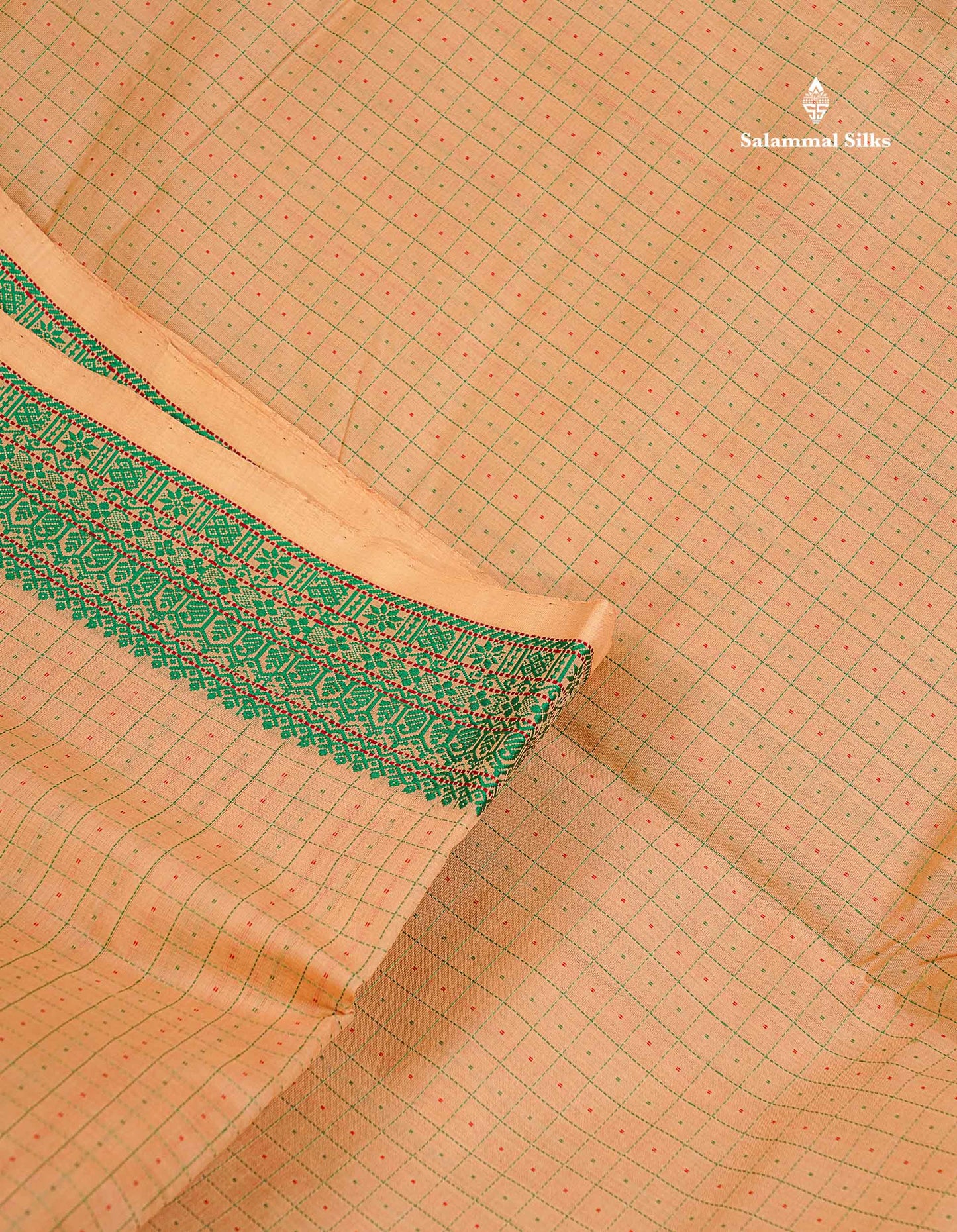 Semi Silk Cotton Saree - Sandal Colour Body Small Checks With Butta & Thread Work Border