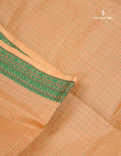 Semi Silk Cotton Saree - Sandal Colour Body Small Checks With Butta & Thread Work Border