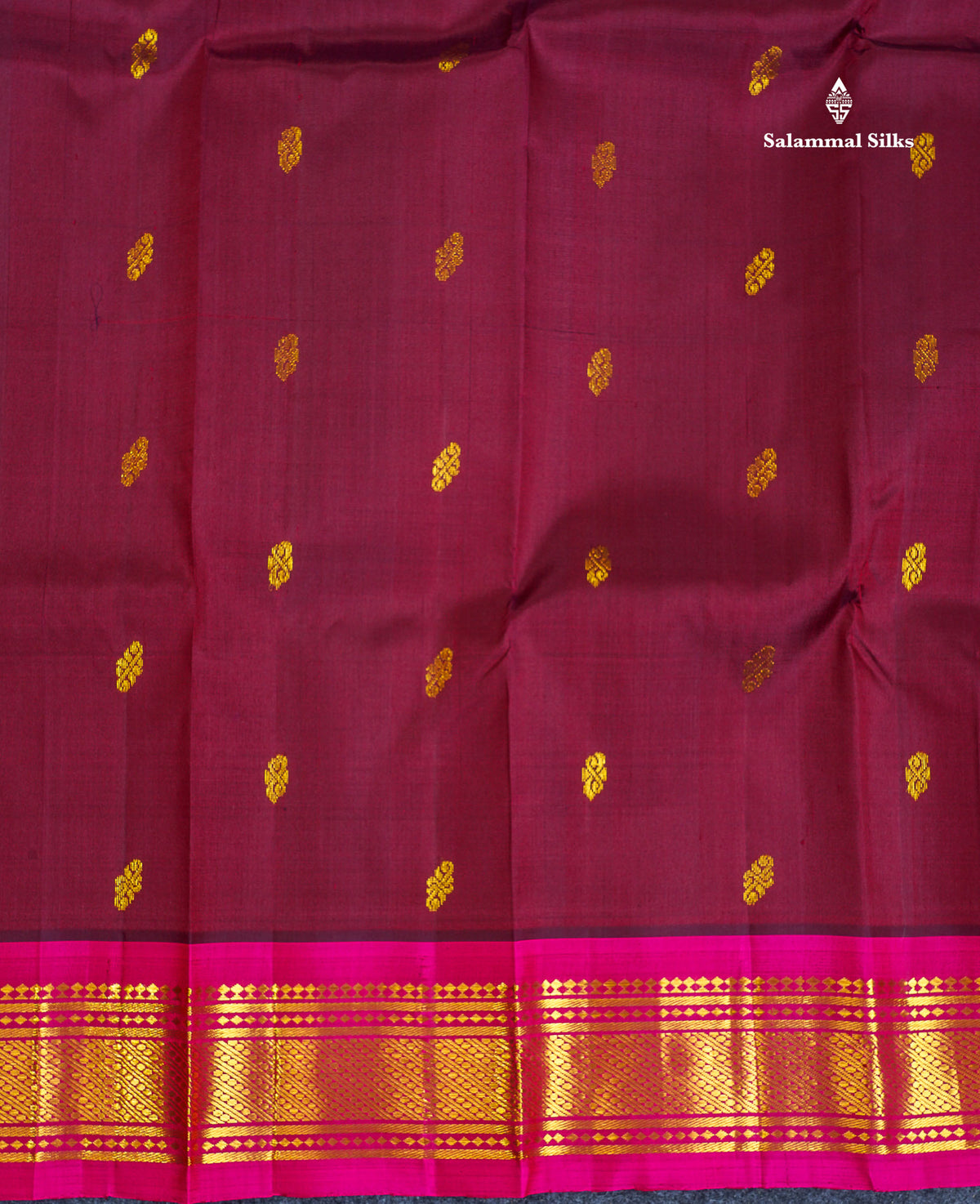 One Side Border Pure Silk Saree - Dark Maroon Colour Body Small Zari Butta With Contrast Rani Pink Traditional Border
