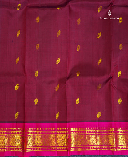 One Side Border Pure Silk Saree - Dark Maroon Colour Body Small Zari Butta With Contrast Rani Pink Traditional Border
