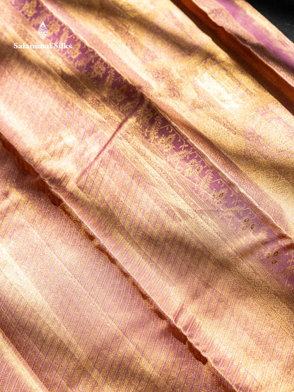 Beautiful Light Violet Tissue Bridal Pure Kanjivaram Silk Saree With Contrast Peach Traditional Border