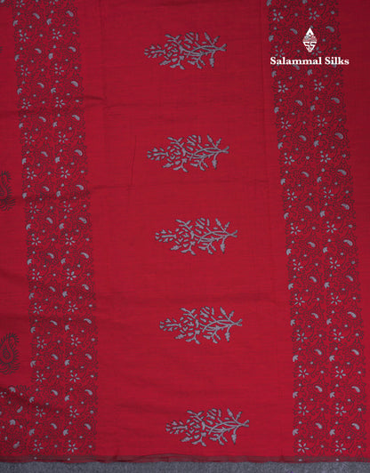 Maroon South Cotton Printed Saree With Contrast Light Grey Blouse