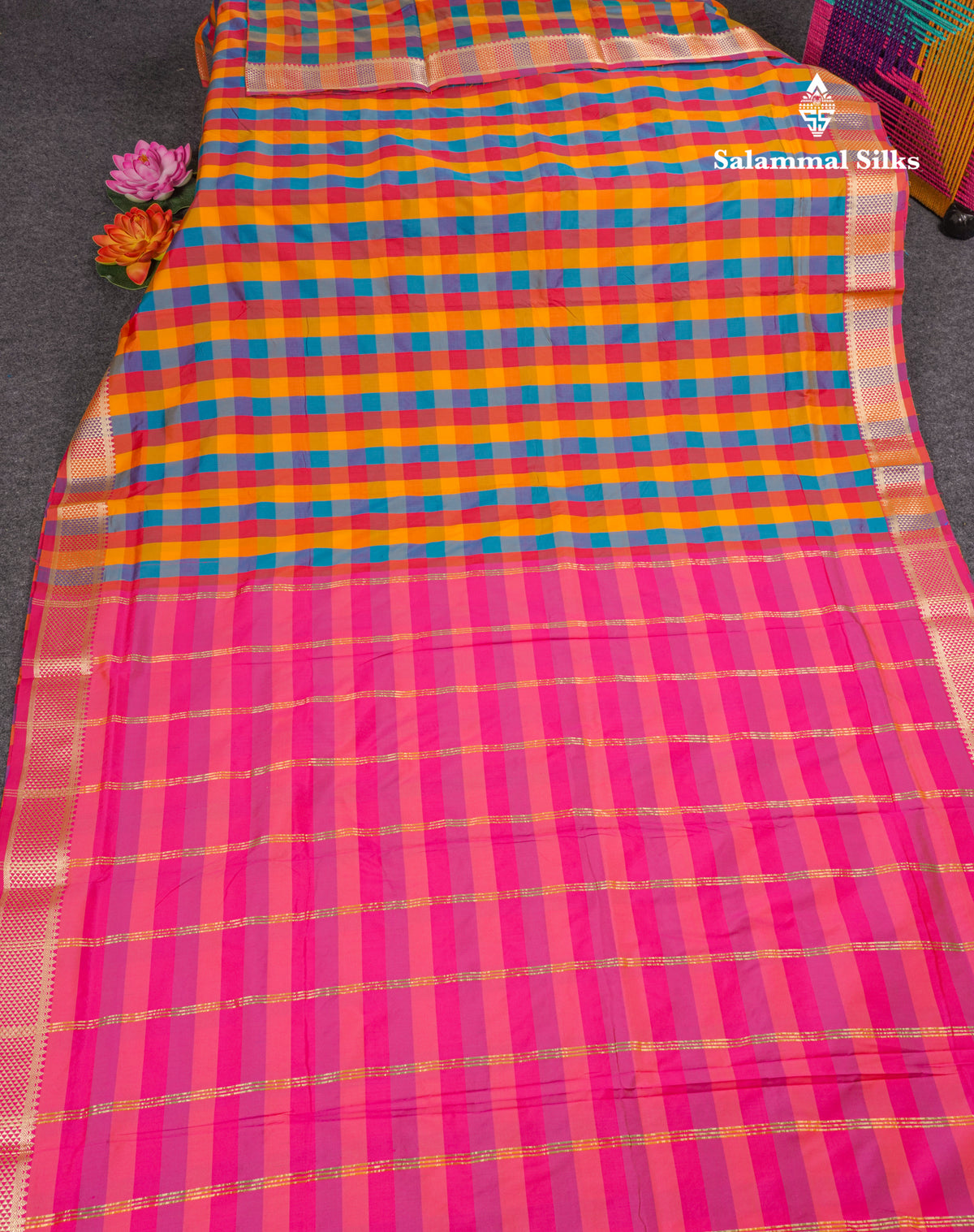 Paalum Pazham Checks 9 Yards Semi Silk Saree with Gold Zari (3.3 Inch) Border