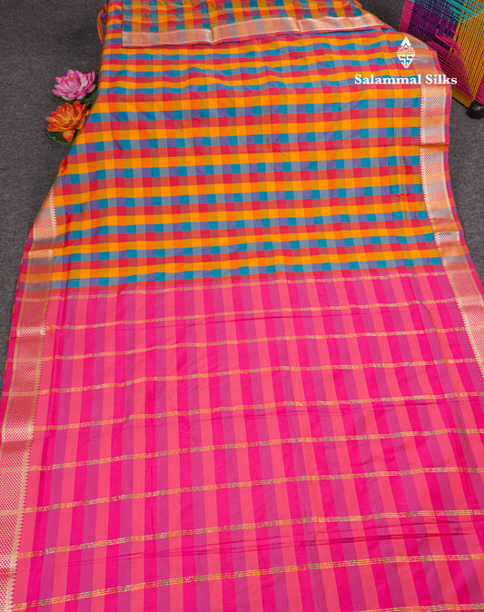 Paalum Pazham Checks 9 Yards Semi Silk Saree with Gold Zari (3.3 Inch) Border
