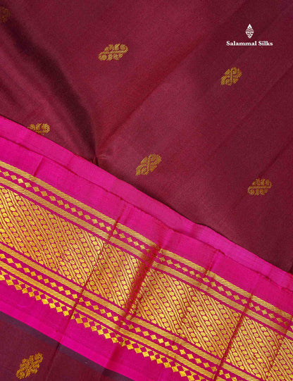 One Side Border Pure Silk Saree - Dark Maroon Colour Body Small Zari Butta With Contrast Rani Pink Traditional Border