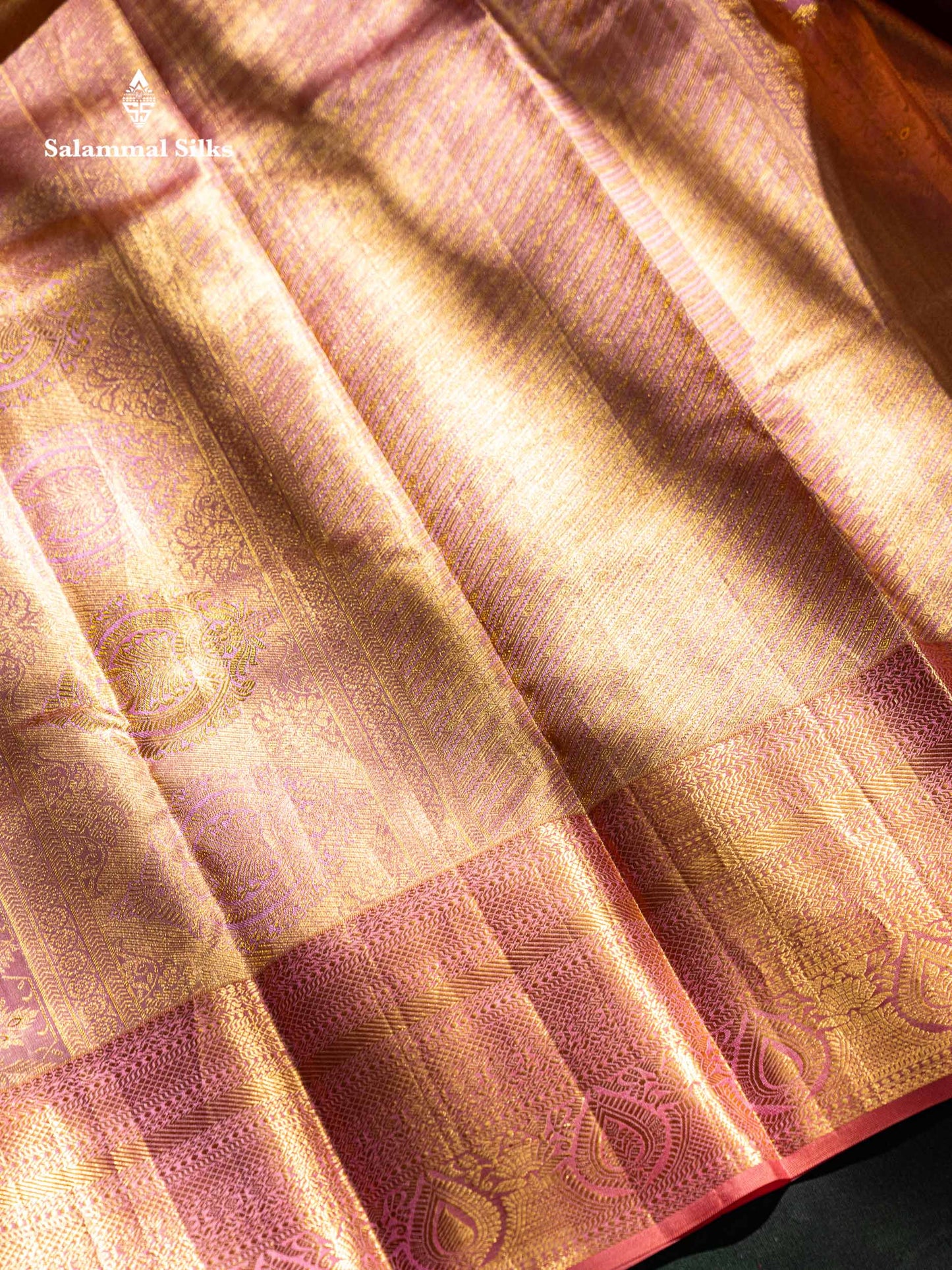 Beautiful Light Violet Tissue Bridal Pure Kanjivaram Silk Saree With Contrast Peach Traditional Border