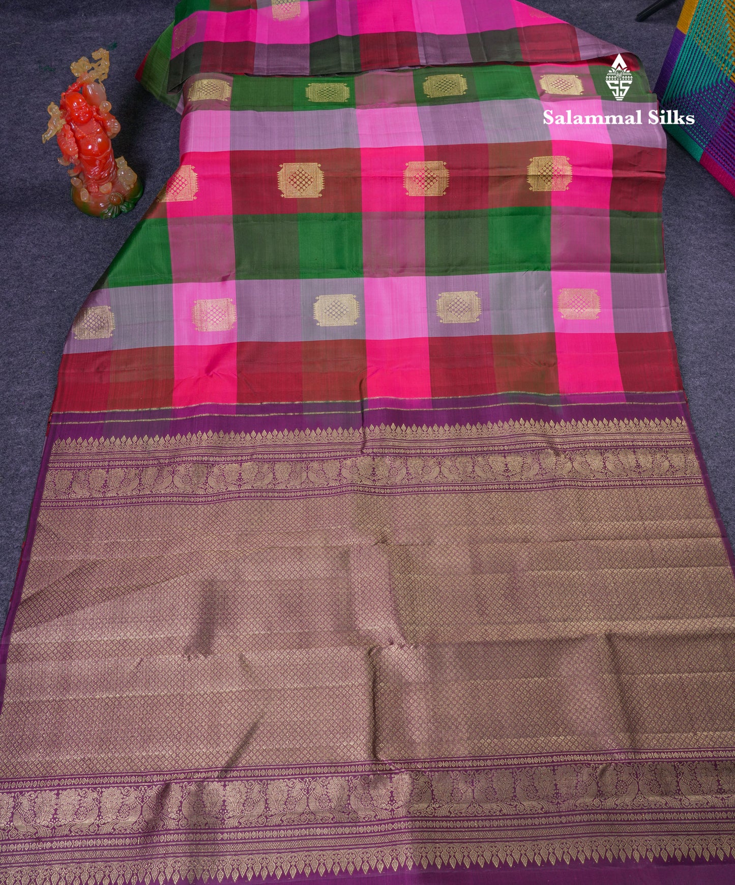 Beautiful Paalum Pazham Big Checks With Butta Pure Kanjivaram Silk Saree With Contrast Maroon Blouse