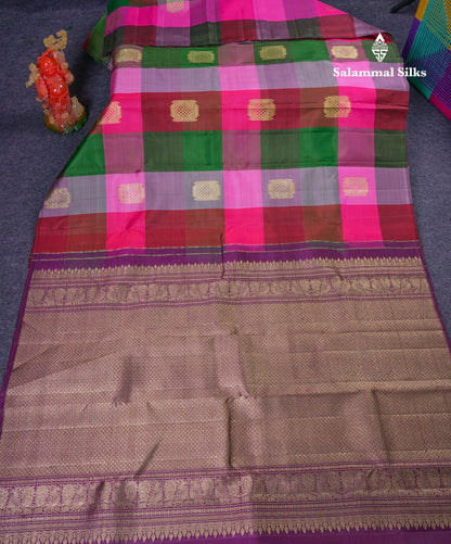 Beautiful Paalum Pazham Big Checks With Butta Pure Kanjivaram Silk Saree With Contrast Maroon Blouse