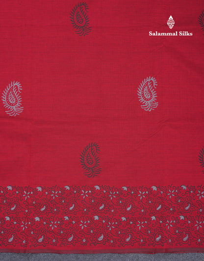 Maroon South Cotton Printed Saree With Contrast Light Grey Blouse