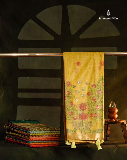Beautiful Yellow Thread Work Butta Muga Cotton Saree With Blouse