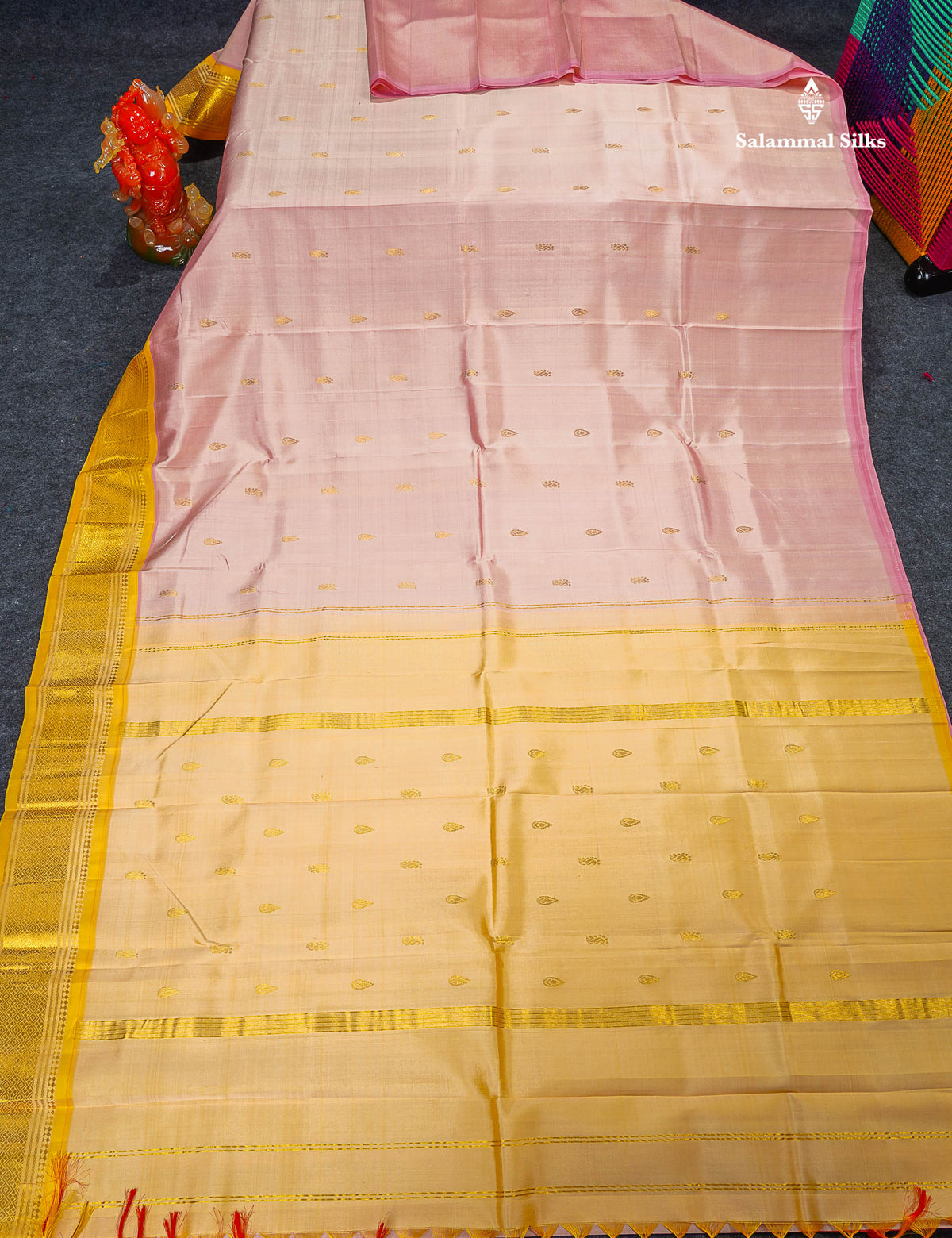 One Side Border Pure Silk Saree - Peach Small Zari Butta With Contrast Yellow Traditional Border