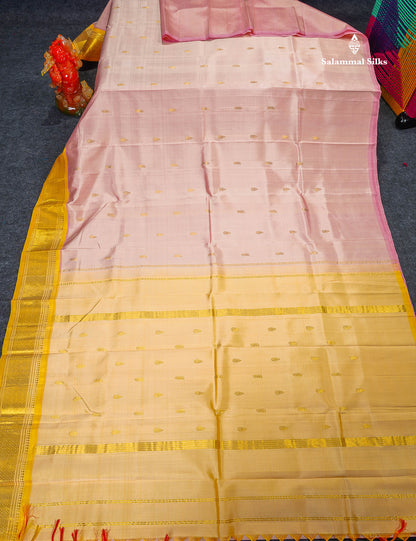 One Side Border Pure Silk Saree - Peach Small Zari Butta With Contrast Yellow Traditional Border