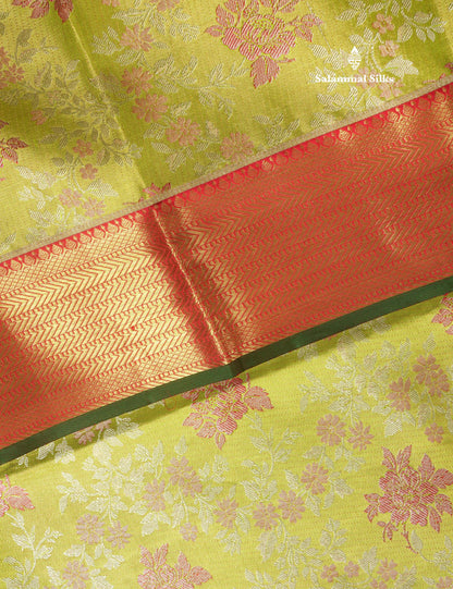 Manthulir Green Pure Kanjivaram Silk Saree With Contrast Red Border