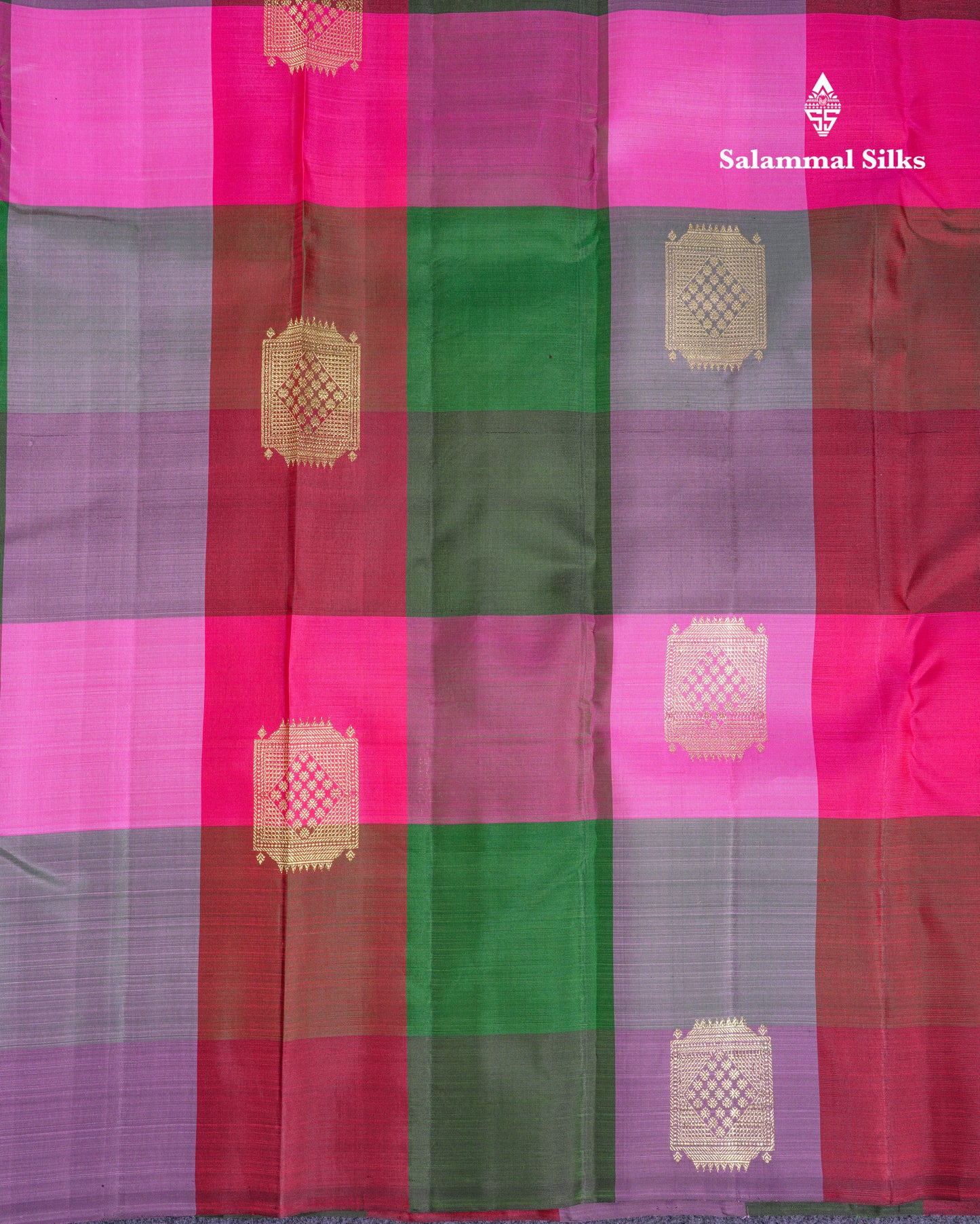 Beautiful Paalum Pazham Big Checks With Butta Pure Kanjivaram Silk Saree With Contrast Maroon Blouse