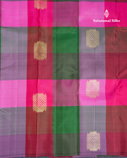 Beautiful Paalum Pazham Big Checks With Butta Pure Kanjivaram Silk Saree With Contrast Maroon Blouse