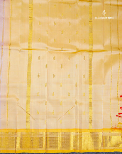 One Side Border Pure Silk Saree - Peach Colour Body Small Zari Butta With Contrast Yellow Traditional Border