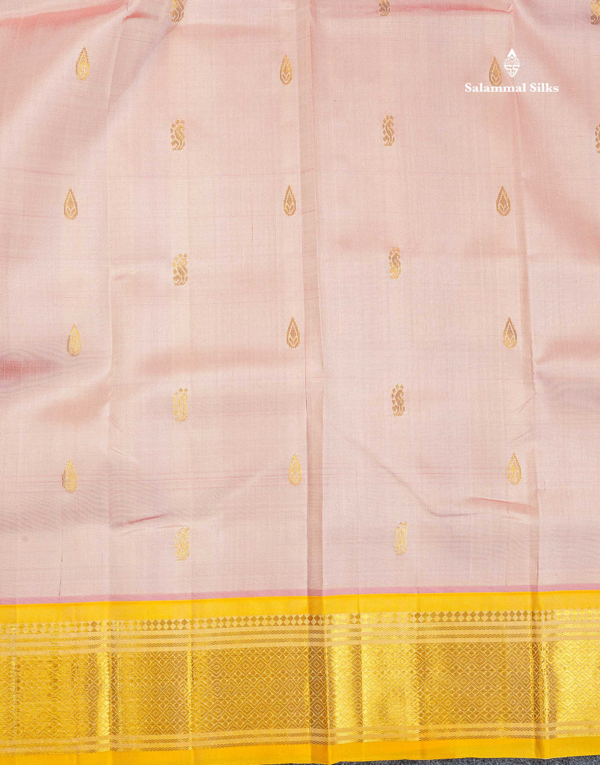 One Side Border Pure Silk Saree - Peach Colour Body Small Zari Butta With Contrast Yellow Traditional Border