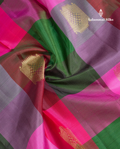 Beautiful Paalum Pazham Big Checks With Butta Pure Kanjivaram Silk Saree With Contrast Maroon Blouse