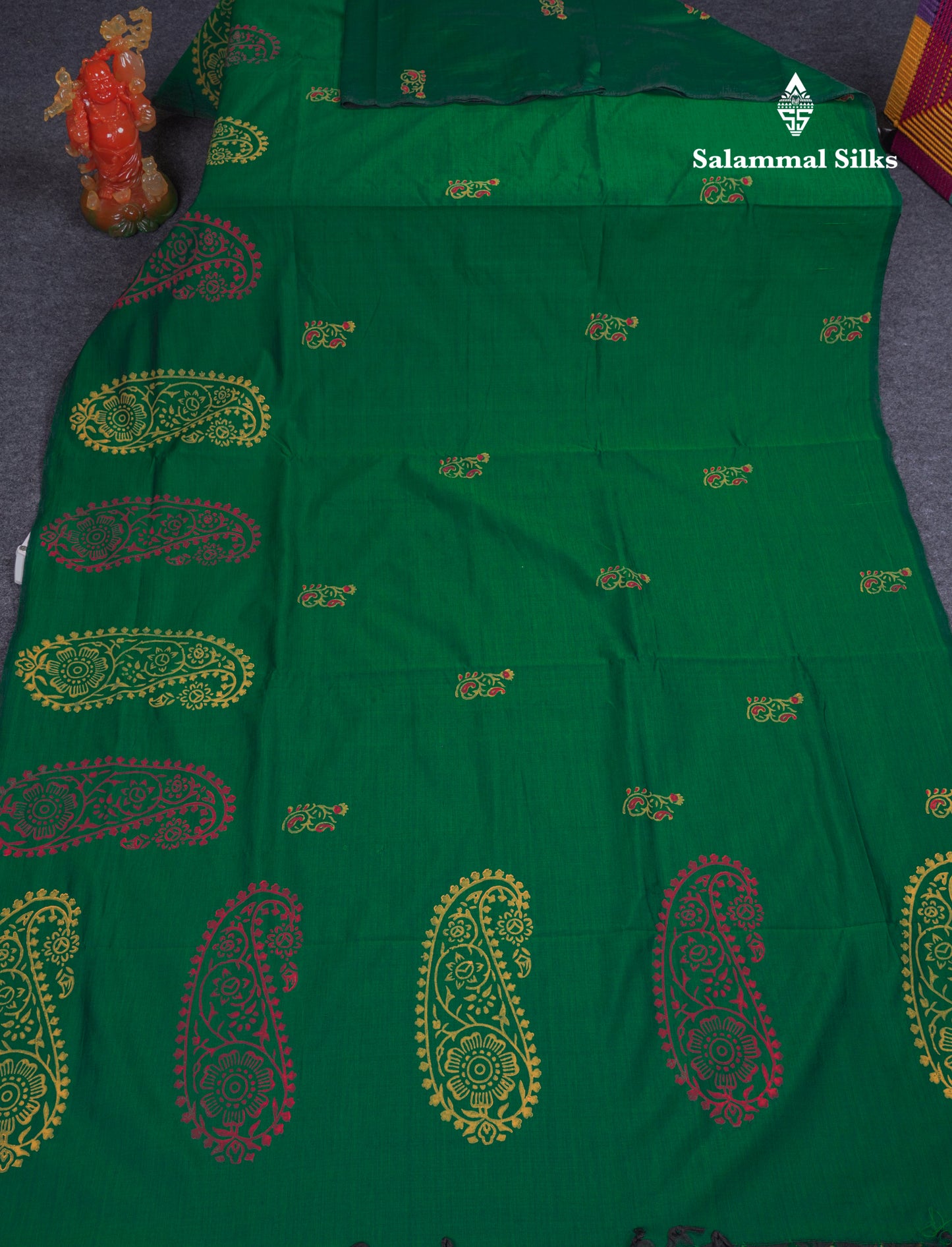 Bottle Green South Cotton Printed Saree With Contrast Mustard Yellow Blouse