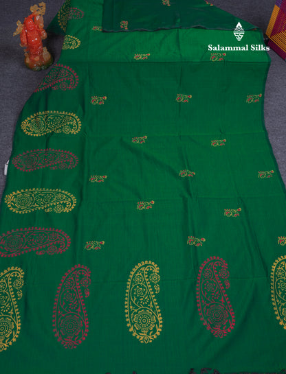 Bottle Green South Cotton Printed Saree With Contrast Mustard Yellow Blouse