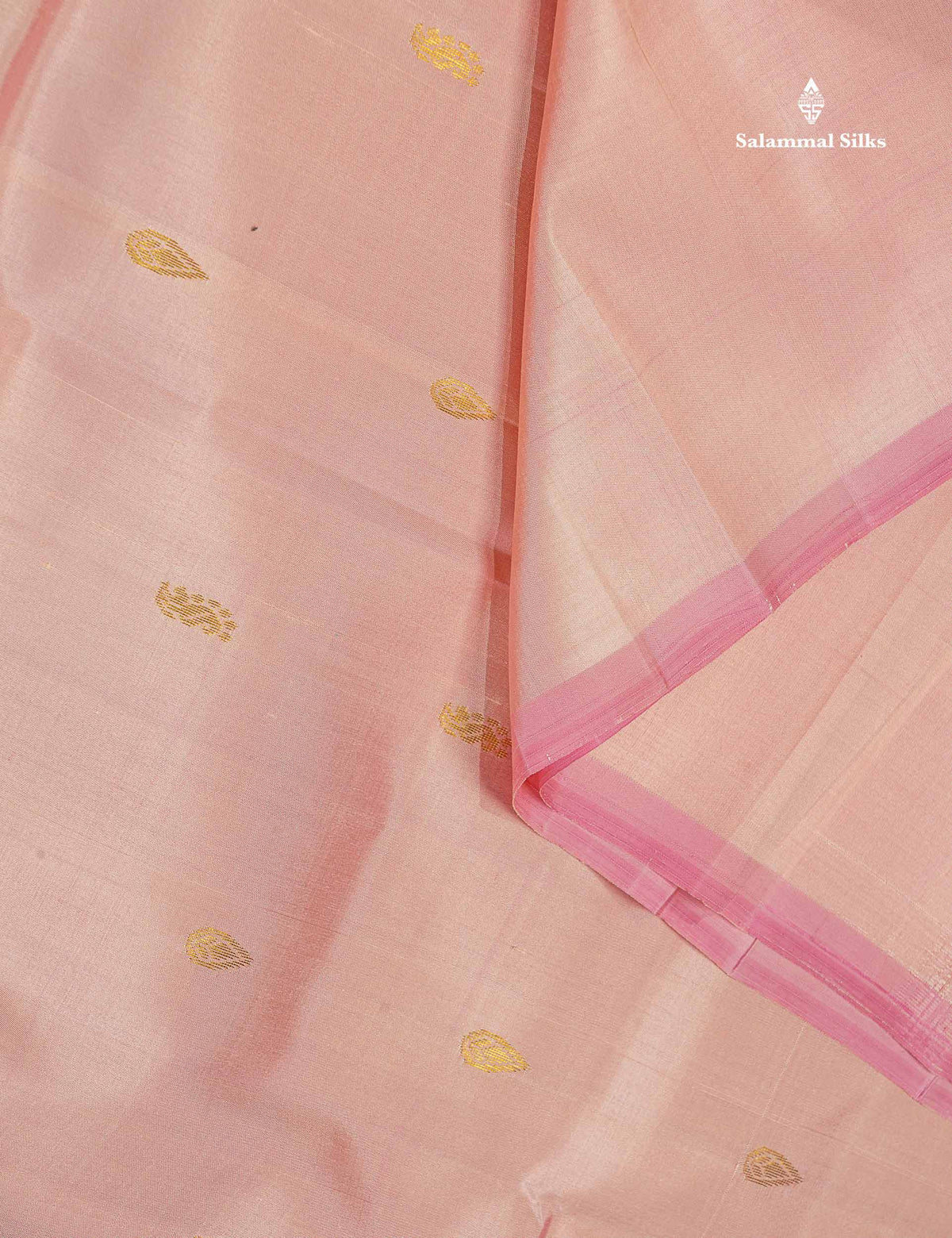 One Side Border Pure Silk Saree - Peach Colour Body Small Zari Butta With Contrast Yellow Traditional Border