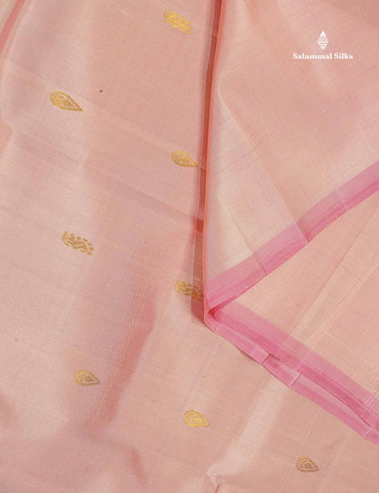 One Side Border Pure Silk Saree - Peach Colour Body Small Zari Butta With Contrast Yellow Traditional Border