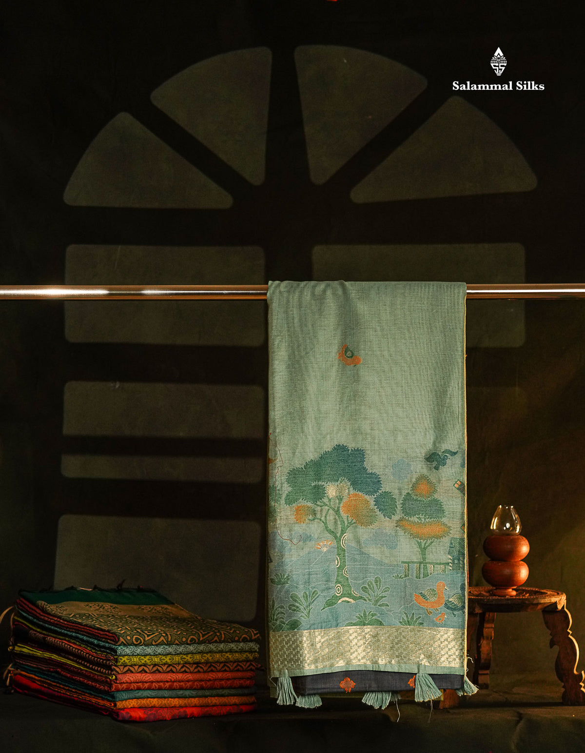 Beautiful Pastel Blue Thread Work Butta Muga Cotton Saree With Contrast Grey Blouse