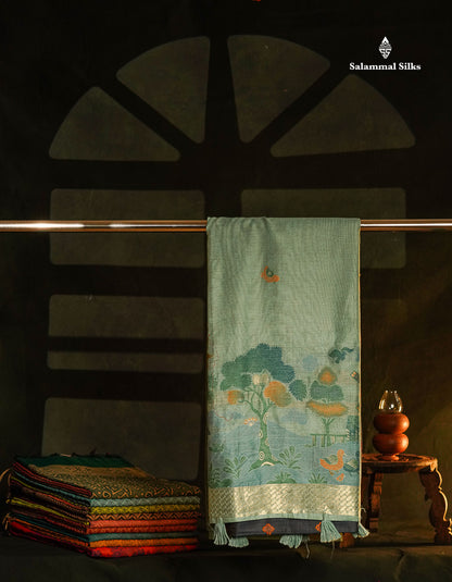 Beautiful Pastel Blue Thread Work Butta Muga Cotton Saree With Contrast Grey Blouse