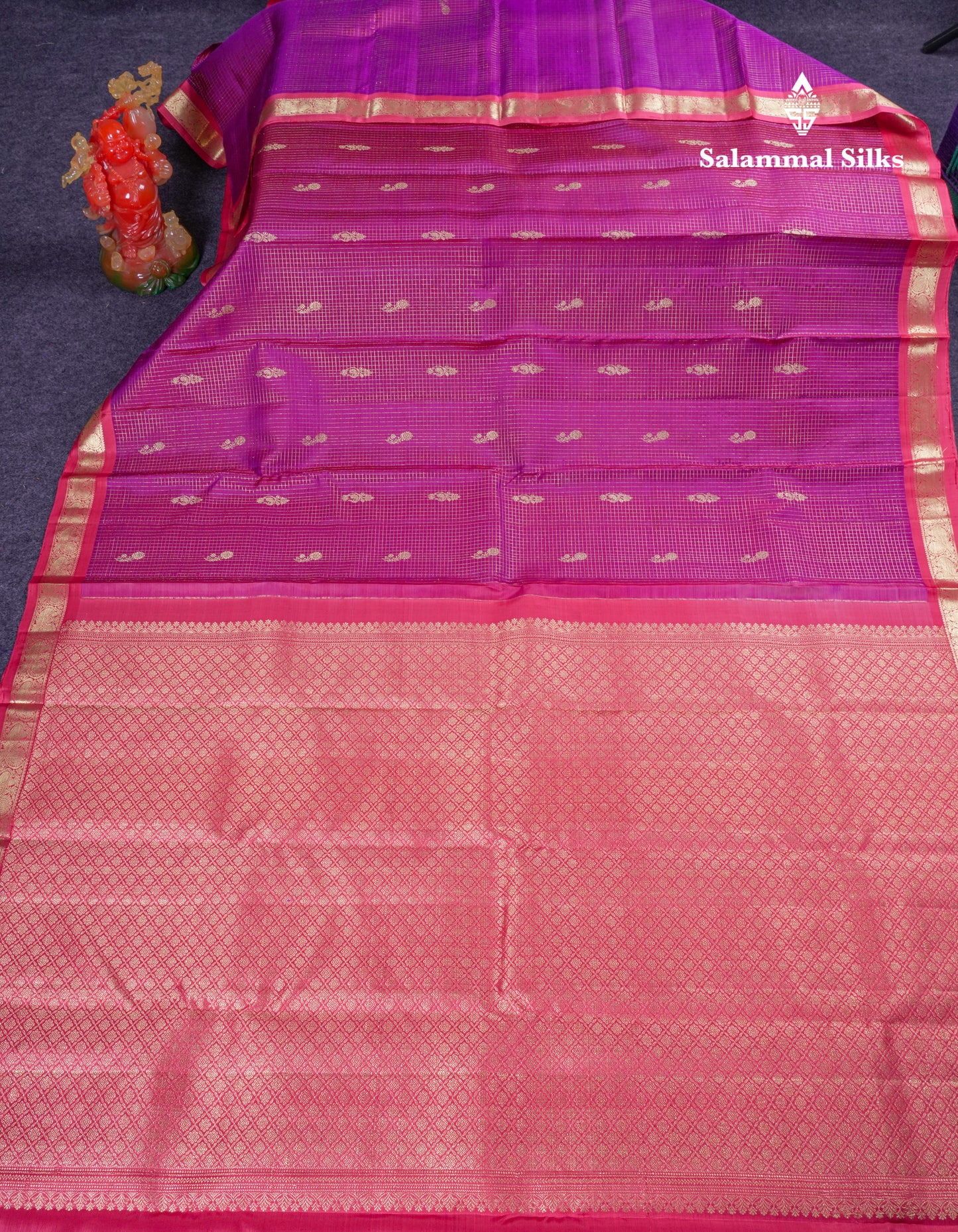 Beautiful Purple Zari Checks With Butta Pure Kanjivaram Silk Saree With Contrast Oniom Pink Traditional Border