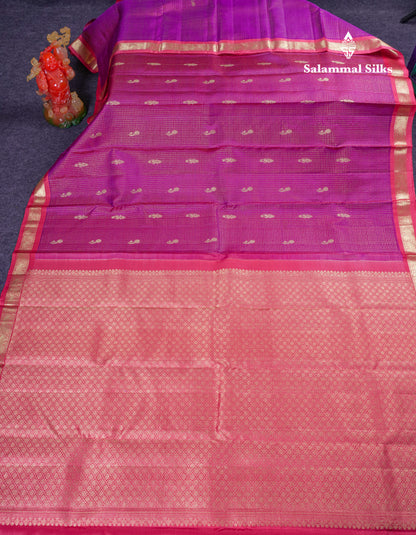 Beautiful Purple Zari Checks With Butta Pure Kanjivaram Silk Saree With Contrast Oniom Pink Traditional Border