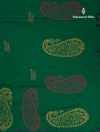 Bottle Green South Cotton Printed Saree With Contrast Mustard Yellow Blouse