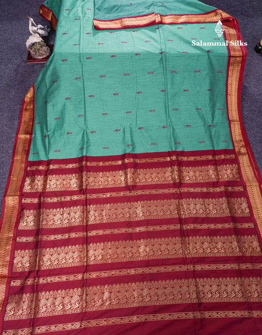 Sapphire Green Kalyani Cotton Saree With Contrast Maroon Border