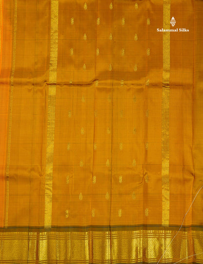 One Side Border Pure Silk Saree - Yellow Colour Body Zari Butta With Contrast Olive Green Traditional Border